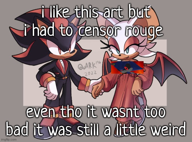 theyre at a formal gun meeting :DD | i like this art but i had to censor rouge; even tho it wasnt too bad it was still a little weird | image tagged in shadow and rouge | made w/ Imgflip meme maker