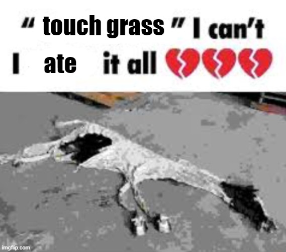 vegan lore | touch grass; ate | image tagged in i can't i x it all,meme,cow,vegan lore | made w/ Imgflip meme maker