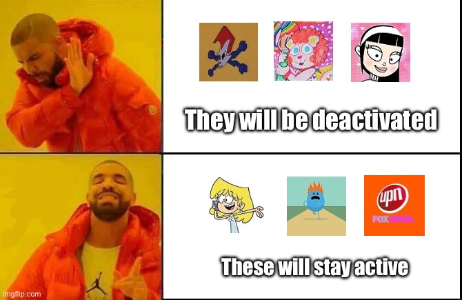 Drake Posting Meme | They will be deactivated; These will stay active | image tagged in the loud house,nickelodeon,bambi,spongebob,lori loud,the lion king | made w/ Imgflip meme maker