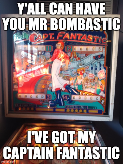 Saw this in a bar. | Y'ALL CAN HAVE YOU MR BOMBASTIC; I'VE GOT MY CAPTAIN FANTASTIC | image tagged in fake,goofy | made w/ Imgflip meme maker