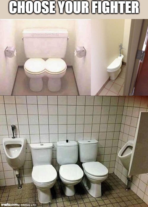 CHOOSE YOUR FIGHTER | image tagged in joint combined toilet for married couples,builder fail toilet | made w/ Imgflip meme maker