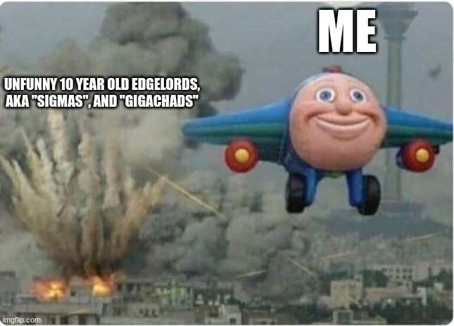 Man I hate those guys | ME; UNFUNNY 10 YEAR OLD EDGELORDS, AKA "SIGMAS", AND "GIGACHADS" | image tagged in flying away from chaos | made w/ Imgflip meme maker