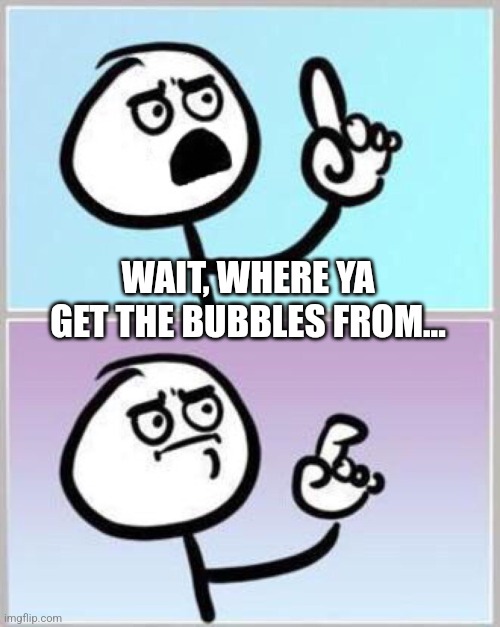 Wait what? | WAIT, WHERE YA GET THE BUBBLES FROM... | image tagged in wait what | made w/ Imgflip meme maker