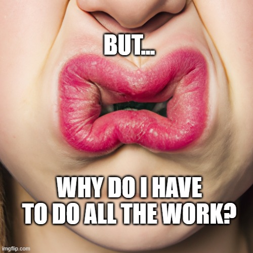 work thoughts | BUT... WHY DO I HAVE TO DO ALL THE WORK? | image tagged in snarl face | made w/ Imgflip meme maker