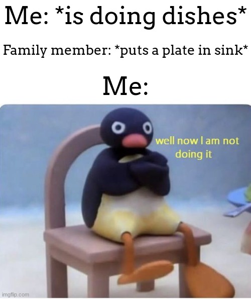 so true | Me: *is doing dishes*; Family member: *puts a plate in sink*; Me: | image tagged in well now im not doing it | made w/ Imgflip meme maker