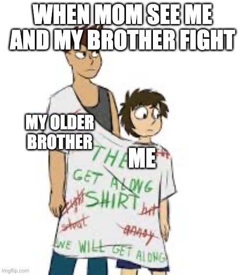 WHEN MOM SEE ME AND MY BROTHER FIGHT; MY OLDER BROTHER; ME | image tagged in the get along t-shirt | made w/ Imgflip meme maker