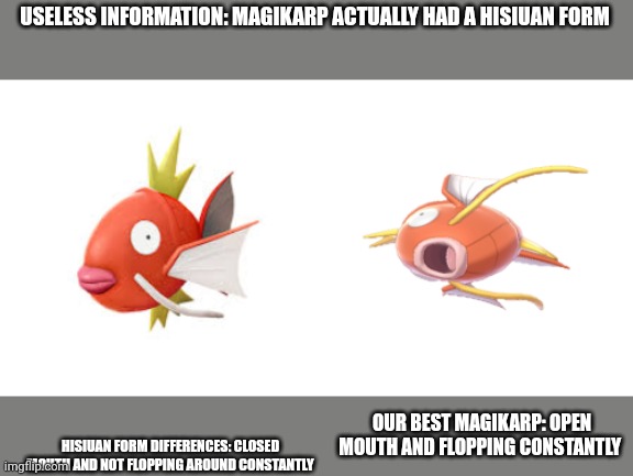Hisiuan magikarp also had slightly darker colors | USELESS INFORMATION: MAGIKARP ACTUALLY HAD A HISIUAN FORM; OUR BEST MAGIKARP: OPEN MOUTH AND FLOPPING CONSTANTLY; HISIUAN FORM DIFFERENCES: CLOSED MOUTH AND NOT FLOPPING AROUND CONSTANTLY | image tagged in magikarp,hisiuan | made w/ Imgflip meme maker