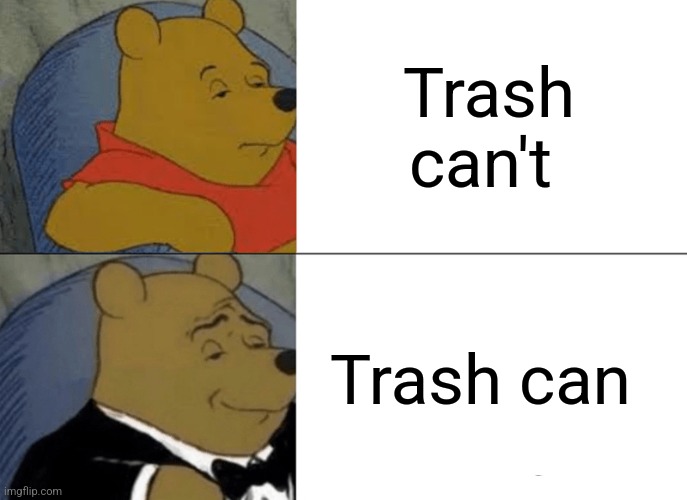 Trash can | Trash can't; Trash can | image tagged in memes,tuxedo winnie the pooh | made w/ Imgflip meme maker