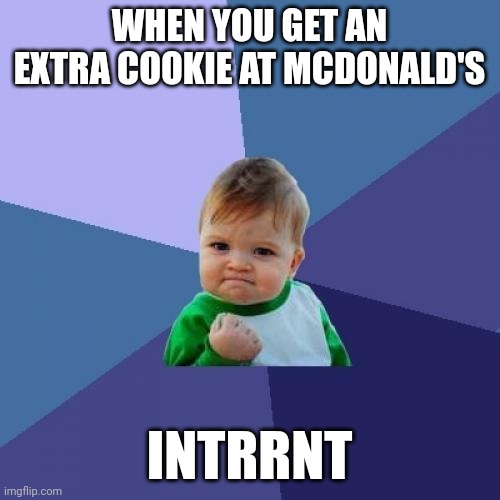 This happened to me once | WHEN YOU GET AN EXTRA COOKIE AT MCDONALD'S; INTRRNT | image tagged in memes,success kid,mcdonalds | made w/ Imgflip meme maker