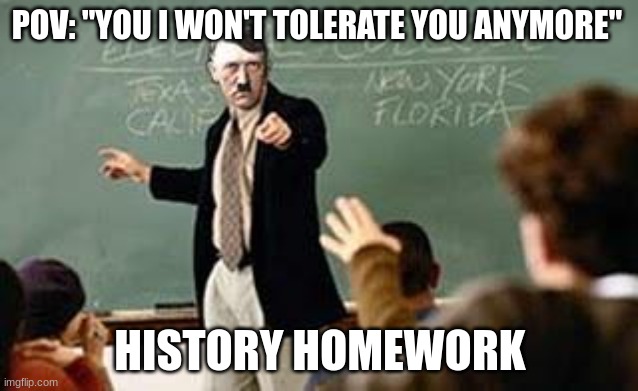 Reality is harsh. | POV: "YOU I WON'T TOLERATE YOU ANYMORE"; HISTORY HOMEWORK | image tagged in grammar nazi teacher | made w/ Imgflip meme maker