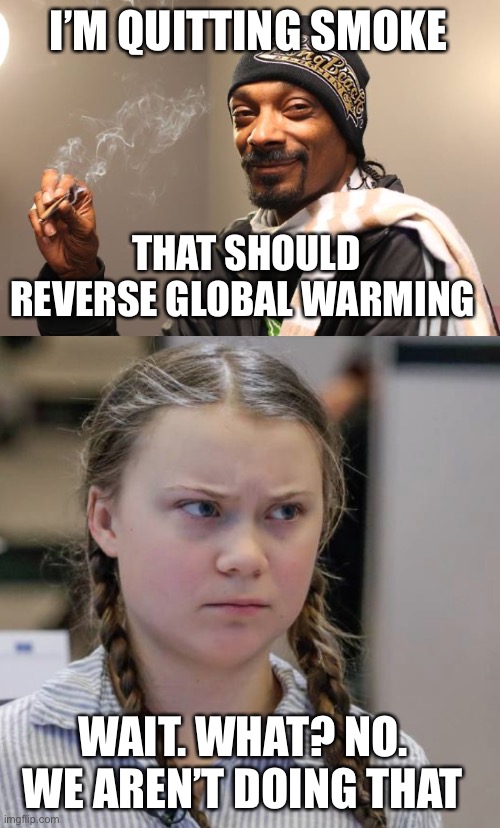 Practice what you preach. Quit burning plants. | I’M QUITTING SMOKE; THAT SHOULD REVERSE GLOBAL WARMING; WAIT. WHAT? NO. WE AREN’T DOING THAT | image tagged in snoop dogg,angry greta thunberg,smoke,global warming | made w/ Imgflip meme maker
