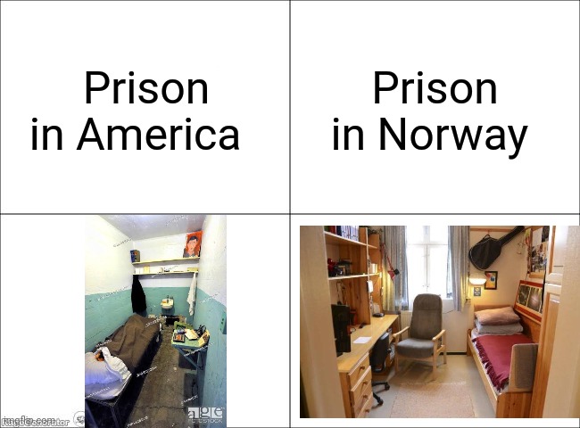 American Prison cell vs Norwegian prison cell | Prison in Norway; Prison in America | image tagged in 4 panel comic,memes,usa,norway,prison | made w/ Imgflip meme maker