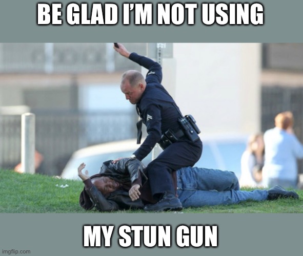 Cop Beating | BE GLAD I’M NOT USING MY STUN GUN | image tagged in cop beating | made w/ Imgflip meme maker