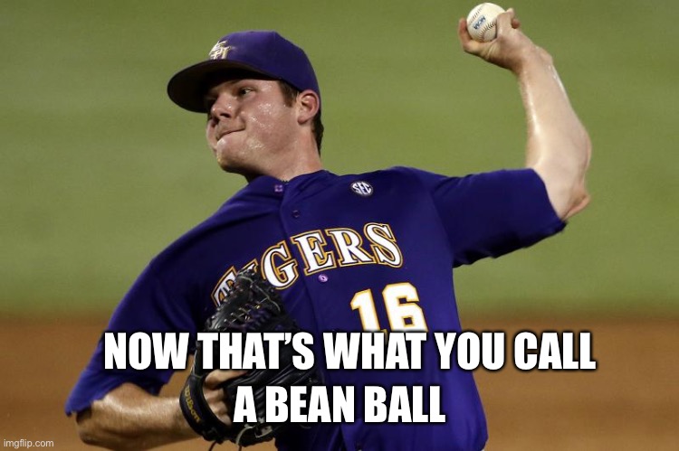 pitcher | NOW THAT’S WHAT YOU CALL A BEAN BALL | image tagged in pitcher | made w/ Imgflip meme maker