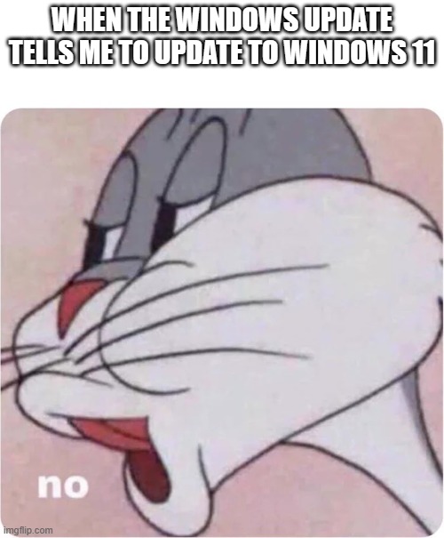 Still rocking on Windows 10 | WHEN THE WINDOWS UPDATE TELLS ME TO UPDATE TO WINDOWS 11 | image tagged in bugs bunny no,windows 10,windows 11,update,computers | made w/ Imgflip meme maker
