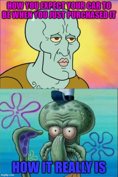 Squidward | HOW YOU EXPECT YOUR CAR TO BE WHEN YOU JUST PURCHASED IT; HOW IT REALLY IS | image tagged in memes,squidward | made w/ Imgflip meme maker