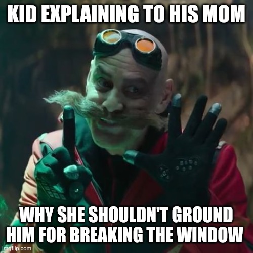 I broke the window for a very good and reasonable reason | KID EXPLAINING TO HIS MOM; WHY SHE SHOULDN'T GROUND HIM FOR BREAKING THE WINDOW | image tagged in dr robotnik explaining | made w/ Imgflip meme maker
