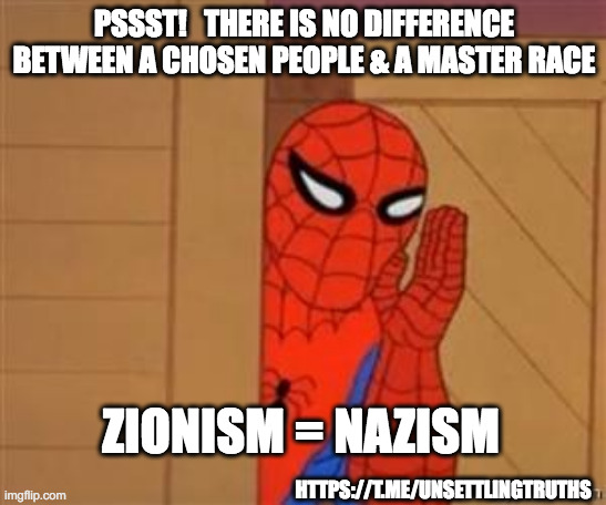 psst spiderman | PSSST!   THERE IS NO DIFFERENCE BETWEEN A CHOSEN PEOPLE & A MASTER RACE; ZIONISM = NAZISM; HTTPS://T.ME/UNSETTLINGTRUTHS | image tagged in psst spiderman | made w/ Imgflip meme maker