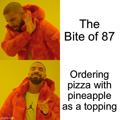 Drake Hotline Bling Meme | The Bite of 87 Ordering pizza with pineapple as a topping | image tagged in memes,drake hotline bling | made w/ Imgflip meme maker