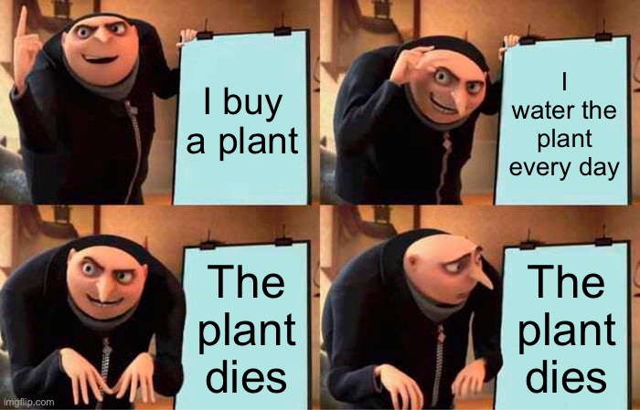 Gru's Plan Meme | I buy a plant; I water the plant every day; The plant dies; The plant dies | image tagged in memes,gru's plan | made w/ Imgflip meme maker