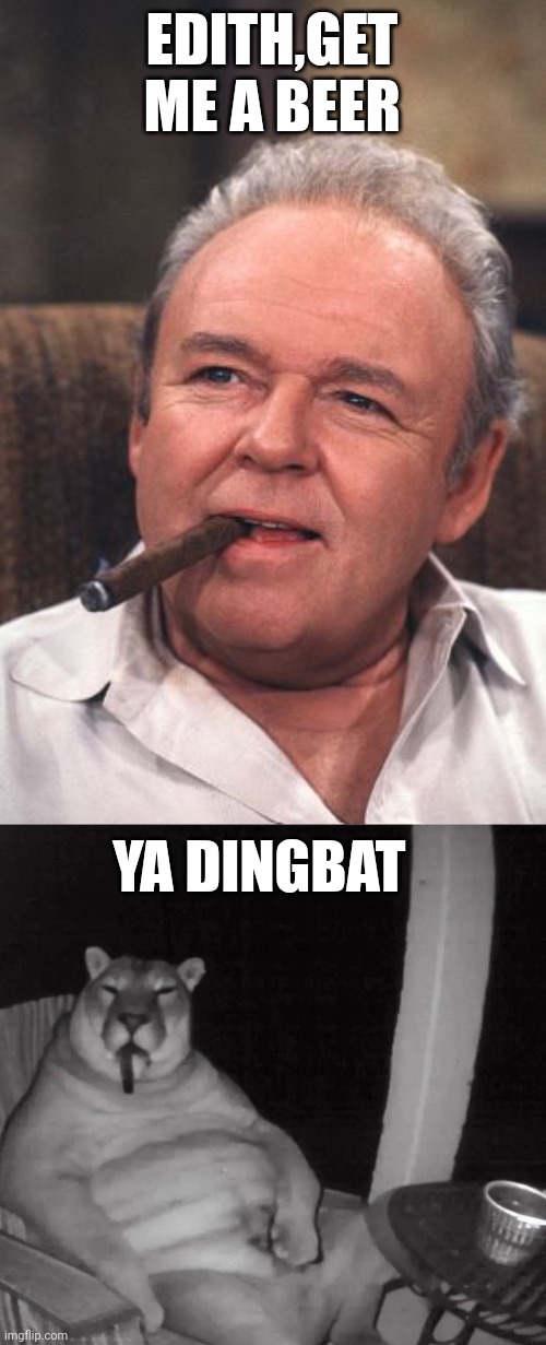 EDITH,GET ME A BEER; YA DINGBAT | image tagged in archie bunker,cougar smoking a cigar | made w/ Imgflip meme maker