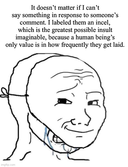 It doesn’t matter if I can’t say something in response to someone’s comment. I labeled them an incel, which is the greatest possible insult imaginable, because a human being’s only value is in how frequently they get laid. | image tagged in blank white template,crying wojak mask | made w/ Imgflip meme maker