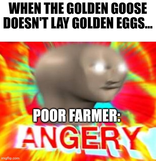 Is this goose broken or something?!?!? | WHEN THE GOLDEN GOOSE DOESN'T LAY GOLDEN EGGS... POOR FARMER: | image tagged in surreal angery,fairy tales | made w/ Imgflip meme maker