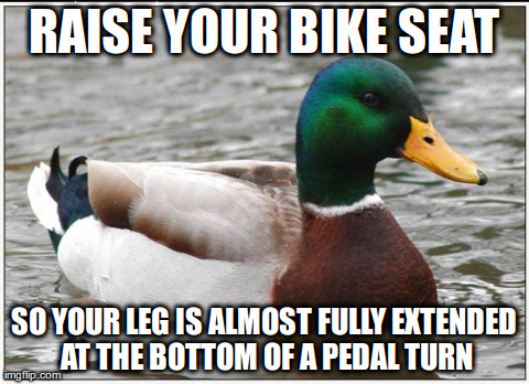 Actual Advice Mallard Meme | RAISE YOUR BIKE SEAT SO YOUR LEG IS ALMOST FULLY EXTENDED AT THE BOTTOM OF A PEDAL TURN | image tagged in memes,actual advice mallard,AdviceAnimals | made w/ Imgflip meme maker