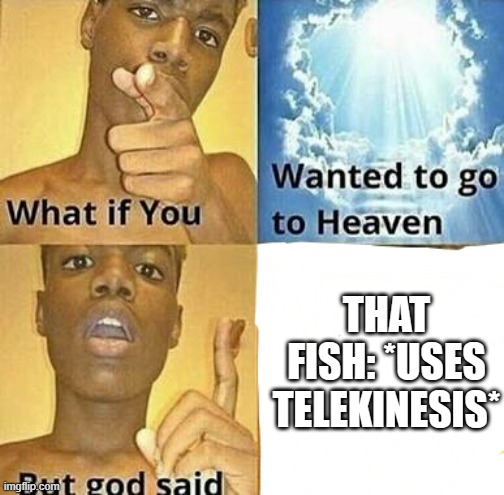What if you wanted to go to Heaven | THAT FISH: *USES TELEKINESIS* | image tagged in what if you wanted to go to heaven | made w/ Imgflip meme maker