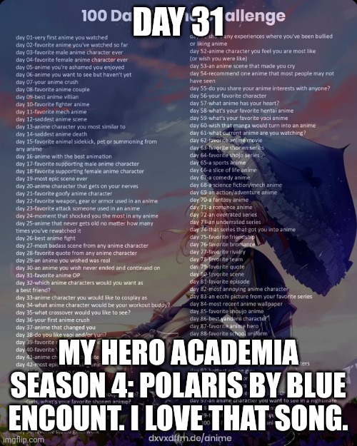 Day 31 | DAY 31; MY HERO ACADEMIA SEASON 4: POLARIS BY BLUE ENCOUNT. I LOVE THAT SONG. | image tagged in 100 day anime challenge | made w/ Imgflip meme maker