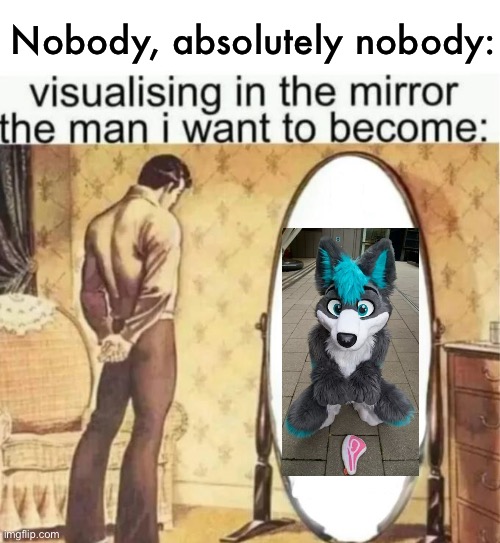 Visualising in the mirror the man i want to become: | Nobody, absolutely nobody: | image tagged in visualising in the mirror the man i want to become,nobody absolutely no one,furries,no | made w/ Imgflip meme maker