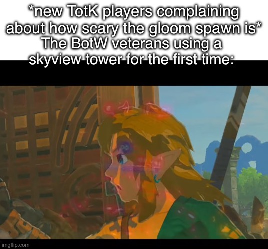 *flashbacks of the piano* | *new TotK players complaining about how scary the gloom spawn is*; The BotW veterans using a skyview tower for the first time: | image tagged in botw flashbacks intensify,guardians,link,botw,totk,legend of zelda | made w/ Imgflip meme maker