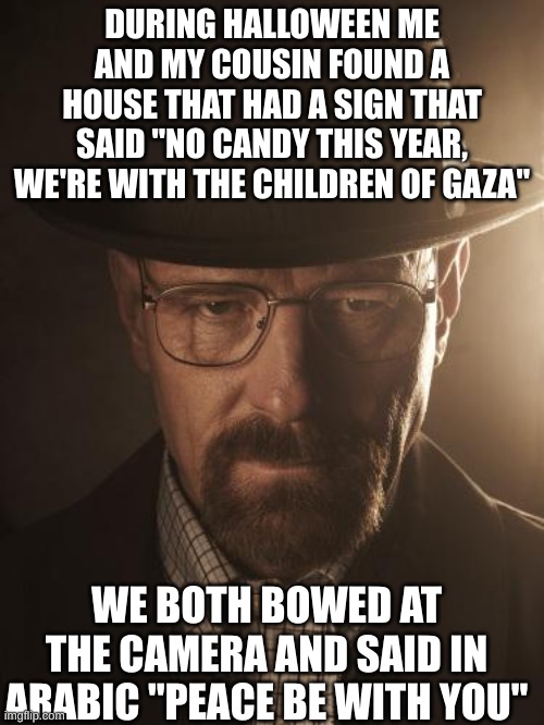 Walter White | DURING HALLOWEEN ME AND MY COUSIN FOUND A HOUSE THAT HAD A SIGN THAT SAID "NO CANDY THIS YEAR, WE'RE WITH THE CHILDREN OF GAZA"; WE BOTH BOWED AT THE CAMERA AND SAID IN ARABIC "PEACE BE WITH YOU" | image tagged in walter white | made w/ Imgflip meme maker