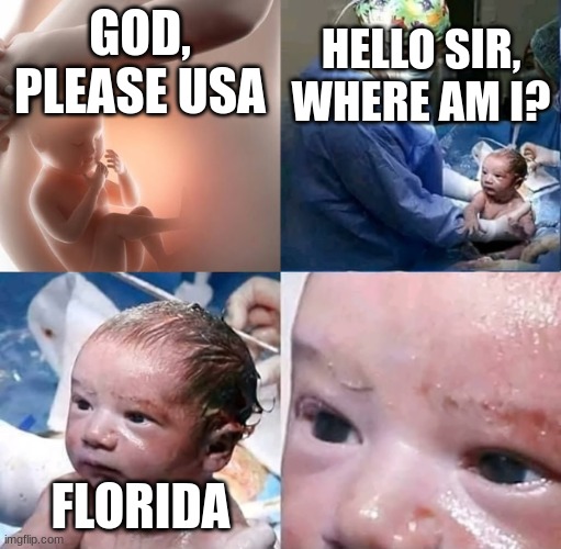 (insert creative title here) | GOD, PLEASE USA; HELLO SIR, WHERE AM I? FLORIDA | image tagged in god please newborn baby | made w/ Imgflip meme maker