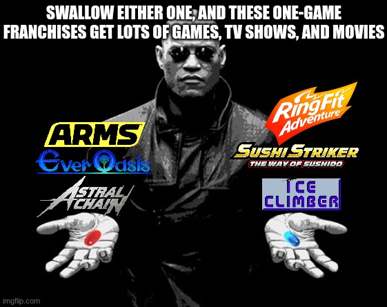 Nintendo publicity wish | SWALLOW EITHER ONE, AND THESE ONE-GAME FRANCHISES GET LOTS OF GAMES, TV SHOWS, AND MOVIES | image tagged in morpheus matrix blue pill red pill,nintendo,memes,funny,video games,NintendoMemes | made w/ Imgflip meme maker