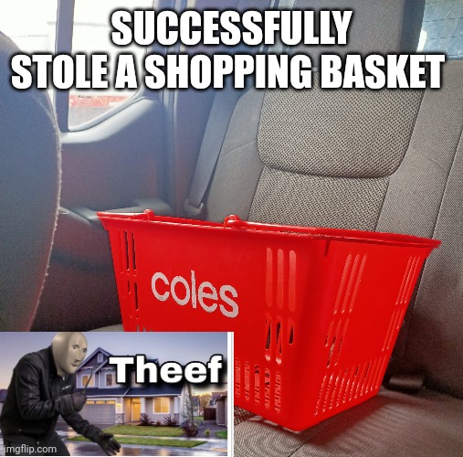 Stolen | SUCCESSFULLY STOLE A SHOPPING BASKET | image tagged in stealing | made w/ Imgflip meme maker