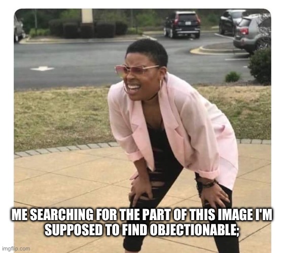 Confused Black Lady | ME SEARCHING FOR THE PART OF THIS IMAGE I'M
SUPPOSED TO FIND OBJECTIONABLE; | image tagged in confused black lady | made w/ Imgflip meme maker