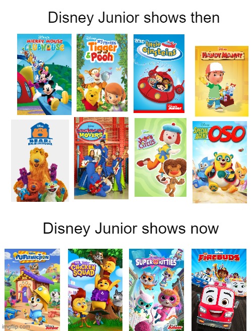 Is it just me, or their recent shows' style look similar to each other? | Disney Junior shows then; Disney Junior shows now | image tagged in blank white template,disney junior | made w/ Imgflip meme maker