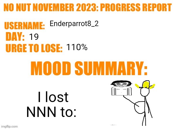 No Nut November 2023 Progress Report | Enderparrot8_2; 19; 110%; I lost NNN to: | image tagged in no nut november 2023 progress report | made w/ Imgflip meme maker