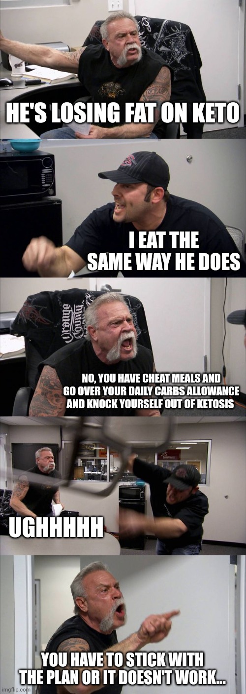 Keto | HE'S LOSING FAT ON KETO; I EAT THE SAME WAY HE DOES; NO, YOU HAVE CHEAT MEALS AND GO OVER YOUR DAILY CARBS ALLOWANCE AND KNOCK YOURSELF OUT OF KETOSIS; UGHHHHH; YOU HAVE TO STICK WITH THE PLAN OR IT DOESN'T WORK... | image tagged in memes,american chopper argument,keto,carbs | made w/ Imgflip meme maker