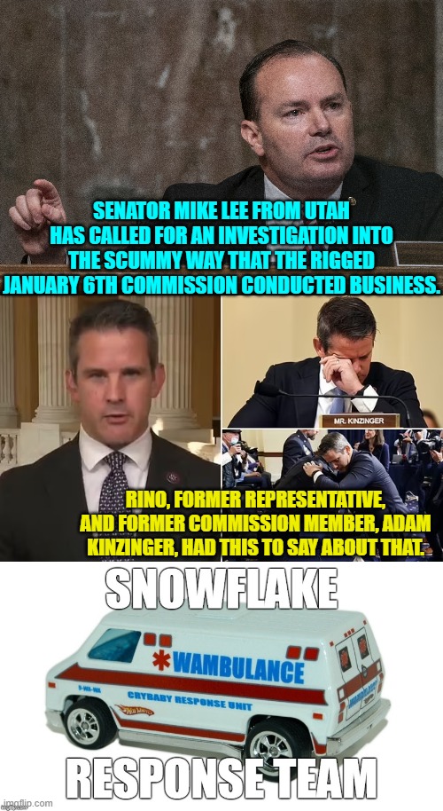 Seriously . . . he thought he could just walk off the scene without repercussions? | SENATOR MIKE LEE FROM UTAH HAS CALLED FOR AN INVESTIGATION INTO THE SCUMMY WAY THAT THE RIGGED JANUARY 6TH COMMISSION CONDUCTED BUSINESS. RINO, FORMER REPRESENTATIVE, AND FORMER COMMISSION MEMBER, ADAM KINZINGER, HAD THIS TO SAY ABOUT THAT. | image tagged in yep | made w/ Imgflip meme maker