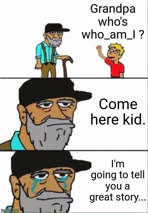 Hey grandpa what's this? | Grandpa who's who_am_I ? Come here kid. I'm going to tell you a great story... | image tagged in hey grandpa what's this | made w/ Imgflip meme maker