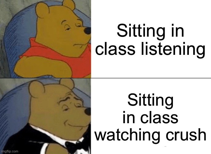 Tuxedo Winnie The Pooh | Sitting in class listening; Sitting in class watching crush | image tagged in memes,school,student,crush,love | made w/ Imgflip meme maker