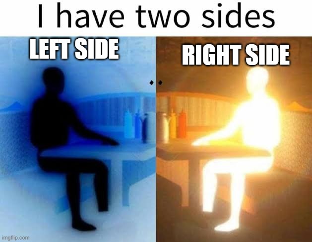 IM BAC BOIUIUSISISISO | LEFT SIDE; RIGHT SIDE | image tagged in i have two sides | made w/ Imgflip meme maker