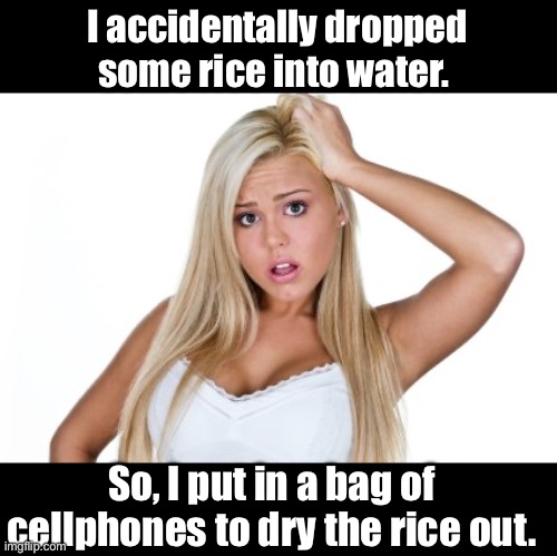 Ooops | I accidentally dropped some rice into water. So, I put in a bag of cellphones to dry the rice out. | image tagged in dumb blonde | made w/ Imgflip meme maker