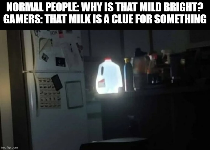 if you know what i mean | NORMAL PEOPLE: WHY IS THAT MILD BRIGHT?
GAMERS: THAT MILK IS A CLUE FOR SOMETHING | image tagged in gaming | made w/ Imgflip meme maker