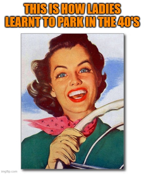 Vintage '50s woman driver | THIS IS HOW LADIES LEARNT TO PARK IN THE 40'S | image tagged in vintage '50s woman driver | made w/ Imgflip meme maker