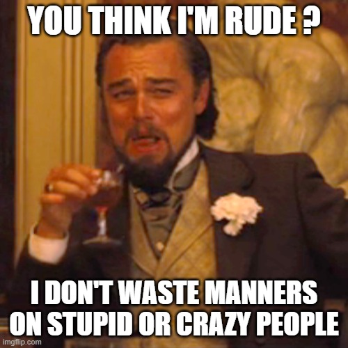 Laughing Leo | YOU THINK I'M RUDE ? I DON'T WASTE MANNERS ON STUPID OR CRAZY PEOPLE | image tagged in memes,laughing leo | made w/ Imgflip meme maker