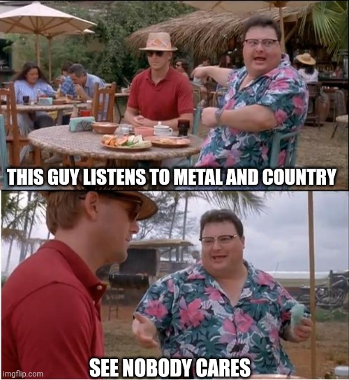 See Nobody Cares | THIS GUY LISTENS TO METAL AND COUNTRY; SEE NOBODY CARES | image tagged in memes,see nobody cares | made w/ Imgflip meme maker