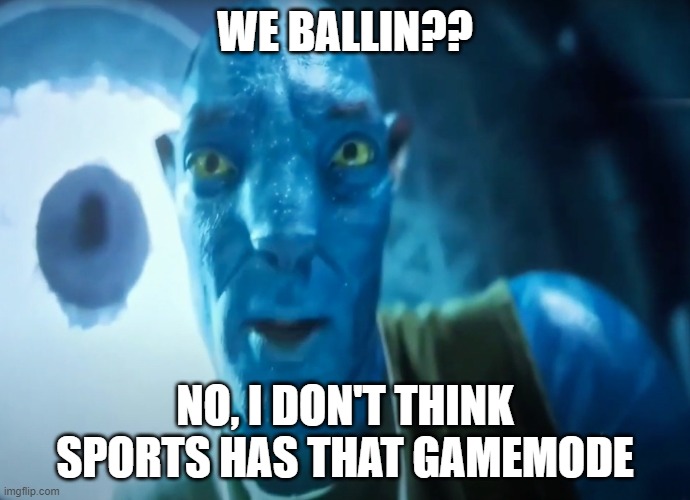 We ballin???? | WE BALLIN?? NO, I DON'T THINK SPORTS HAS THAT GAMEMODE | image tagged in avatar staring meme | made w/ Imgflip meme maker